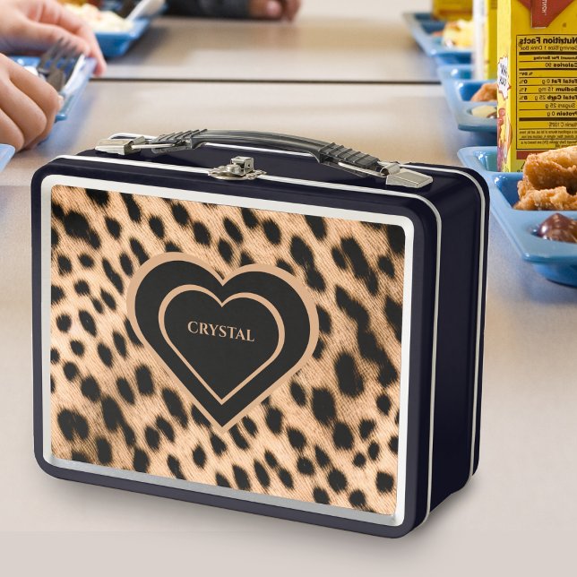 Patrón de impresión de chita Tan Marrón y Corazón  (Cheetah Print Pattern Tan Brown & Black Heart Metal Lunch Box)