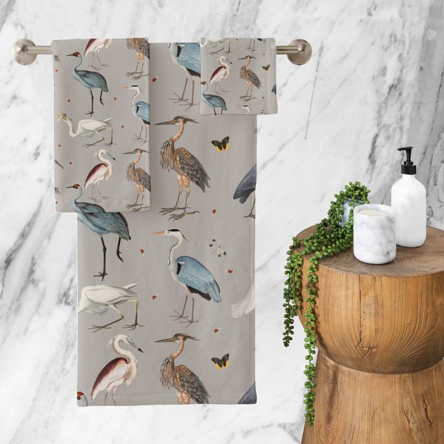 Patrón de la Naturaleza de los áridos de la garza  (Watercolor Heron Bird Egret Nature Pattern Bath Towel Set)