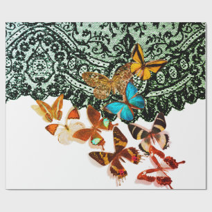 PATRÓN DE LACE NEGRO CON MARIPOSAS Papel de envolv