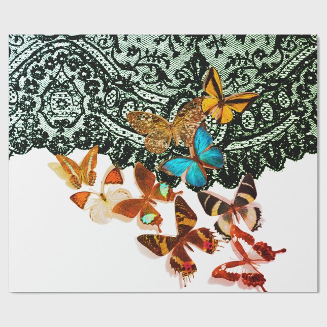 PATRÓN DE LACE NEGRO CON MARIPOSAS Papel de envolv (Superficie plana)