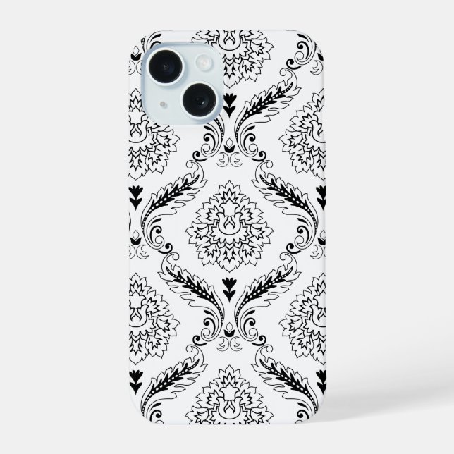 Patrón de Línea Damask Rococó Negro sobre Blanco (Reverso )