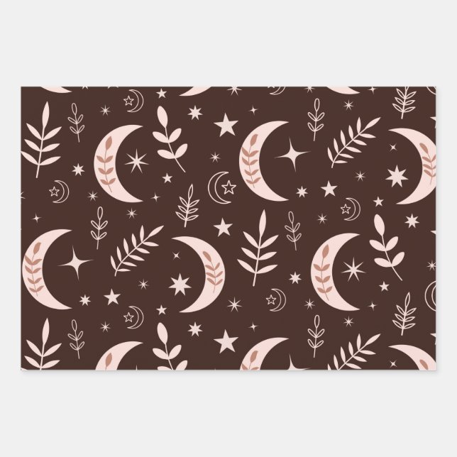 Patrón de luna boho con hojas y estrellas (Anverso)