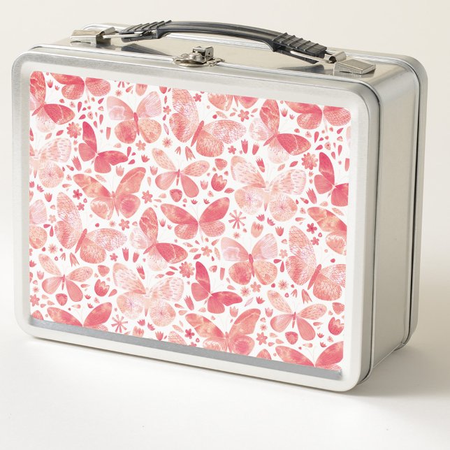 Patrón de mariposa acuarela rosa (Blush and coral pink watercolor butterfly metal lunch box)