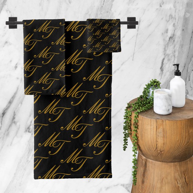 Patrón de Monograma Moderno de lujo Oro Negro (Luxury Modern Monogram Pattern Black Gold Bath Towel Set)