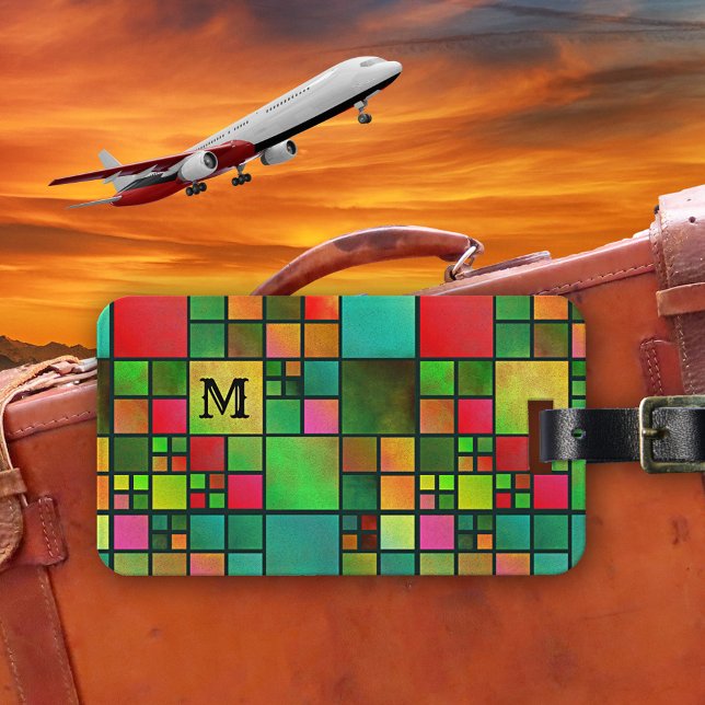 Patrón de mosaico acuarela Monograma Etiqueta de e (Luggage tag featuring a colorful checkered stained glass mosaic design with a watercolor effect )