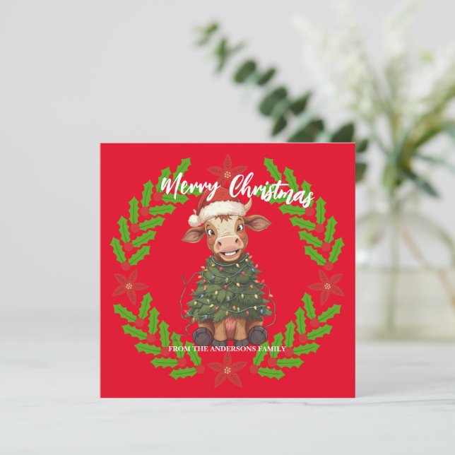 Patrón de Navidad de vaca alegre lindo ternero árb (Anverso de pie)