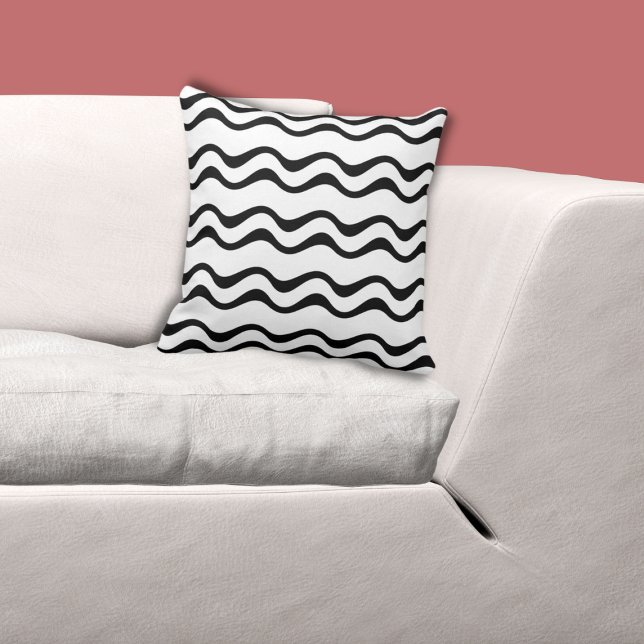 Patrón de onda Negro y Blanco - Cojín decorativo (Regular Black Ripple Pattern, White Pillow)