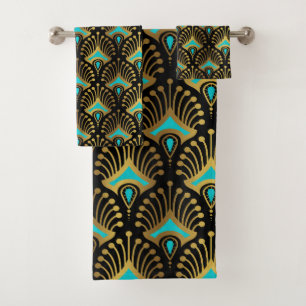 Patrón de oro y azul Art Deco sobre negro