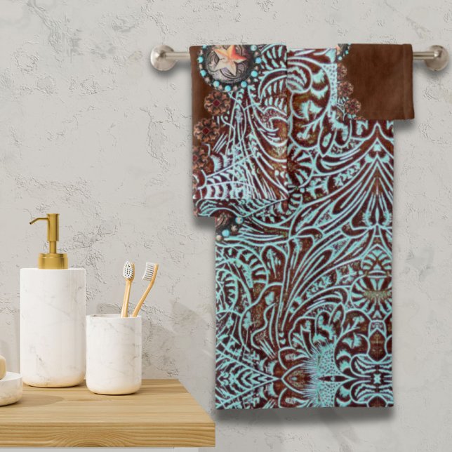 Patrón de país occidental de color turquesa rubio (Rustic brown turquoise western country pattern bath towel set)
