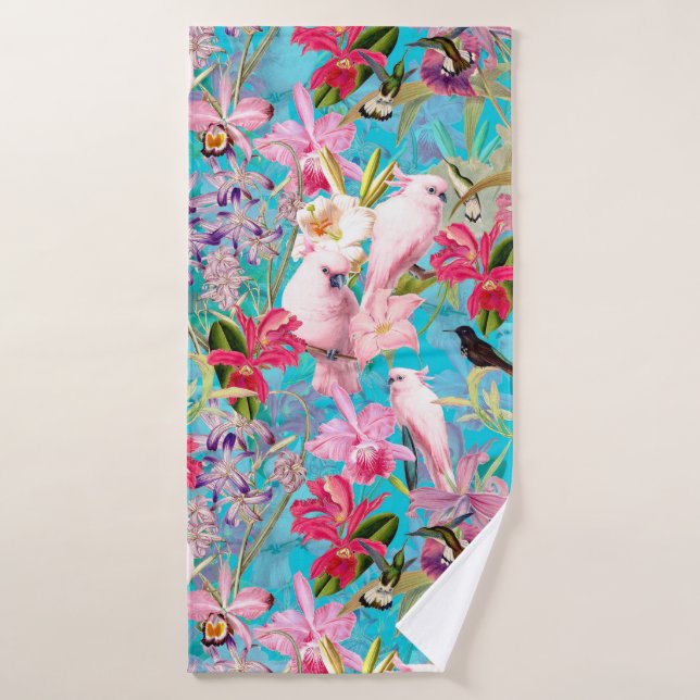 Patrón De Pájaro Tropical Rosa Y Flor Orquídea (Toalla de baño)
