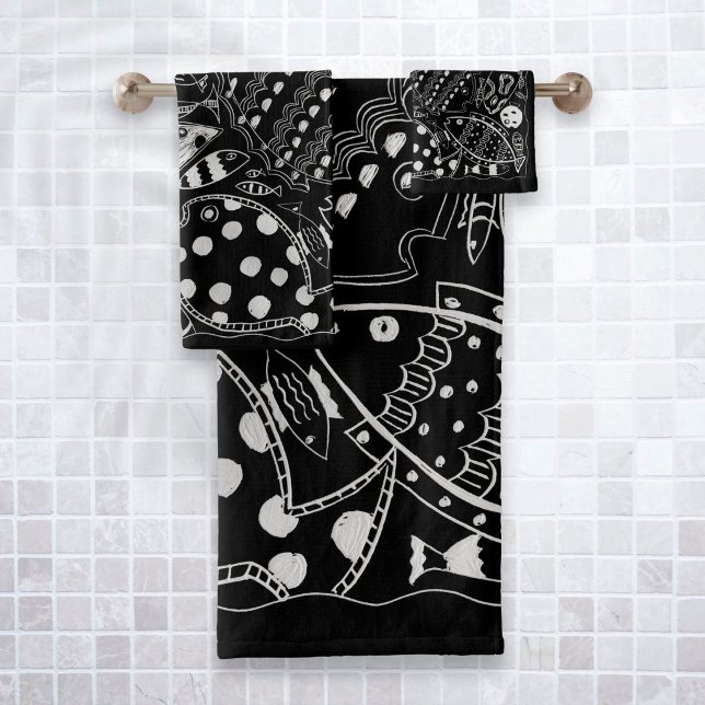 Patrón de pez caprichoso blanco y negro boho (Subido por el creador)