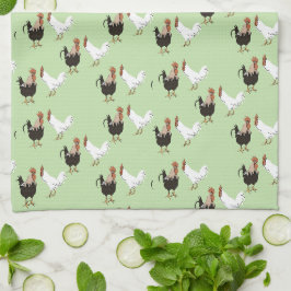 Patrón de pollo de época en toallas verdes de coci