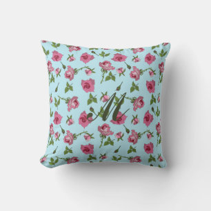 Patrón de rosas rosadas en Cojín decorativo monogr