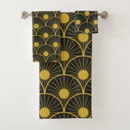 Patrón de sol brillante Art Deco negro y dorado