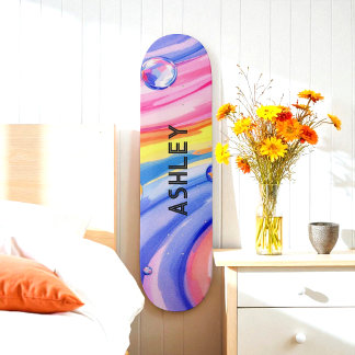 Patrón de surf azul rosa acuarela skateboard