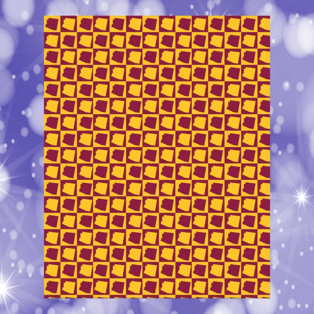 Patrón de tablero de ajedrez de arte pop de Arizon (A poster with a maroon and gold checkerboard pattern featuring the US state of Arizona)