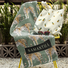 Patrón de tigres de acuarela verde tropical con no