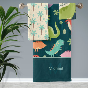 Patrón Dinosaurio Azul Monogramo Niño Baño