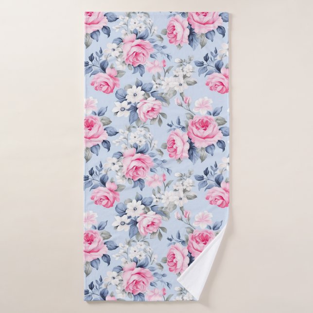 Patrón estético de flores blancas de rosa (Toalla de baño)