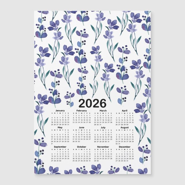 Patrón floral azul acuarela del calendario 2026 (Anverso)