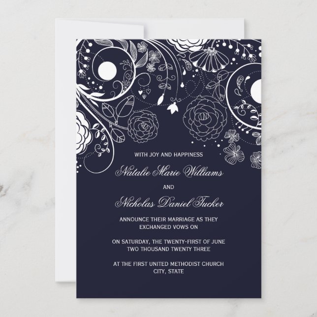 Patrón Floral Azul Marino - Anuncio de Boda (Anverso)