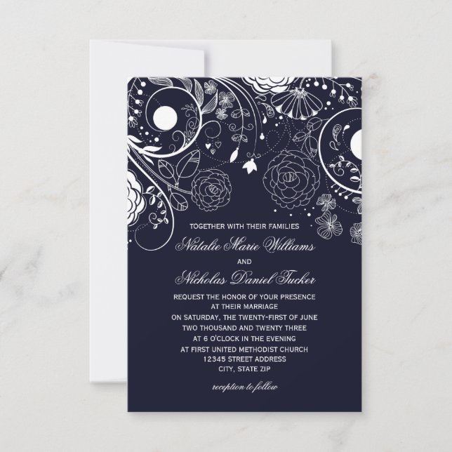 Patrón Floral Azul Marino/Blanco - Invitación de B (Anverso)