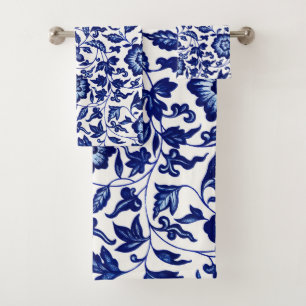 Patrón floral azul marino oscuro chino sobre blanc