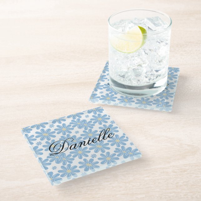 Patrón Floral Azul - Posavasos de Vidrio (Angular)