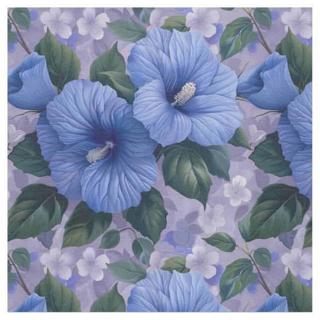 Patrón floral azul sobre tela de lavanda (De cerca)