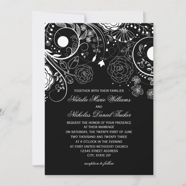 Patrón floral blanco/negro - Invitación a la boda (Anverso)