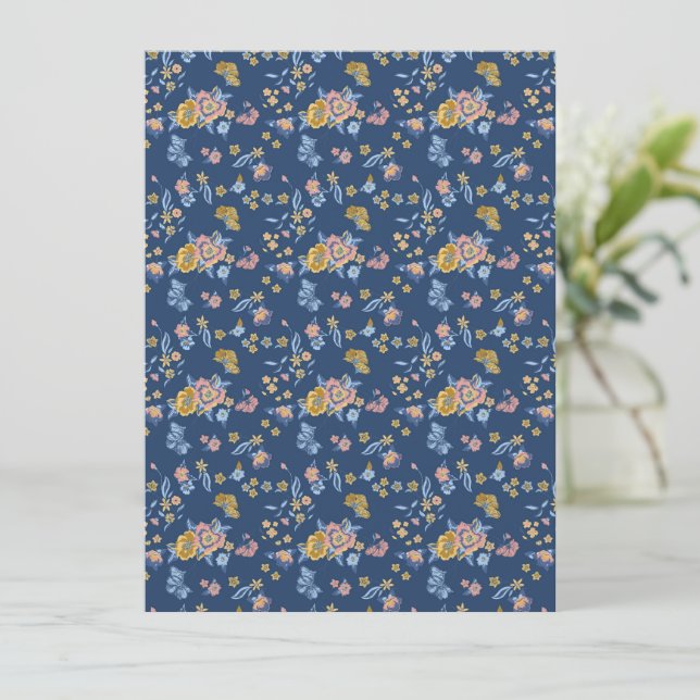 Patrón floral de efecto de hilo de fondo azul (Anverso de pie)