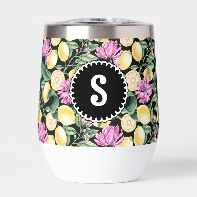 Patrón floral de lemones y tulipanes | Monograma d (Frente)