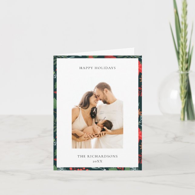 Patrón floral de Navidad marrón verde Foto Feliz (Anverso)