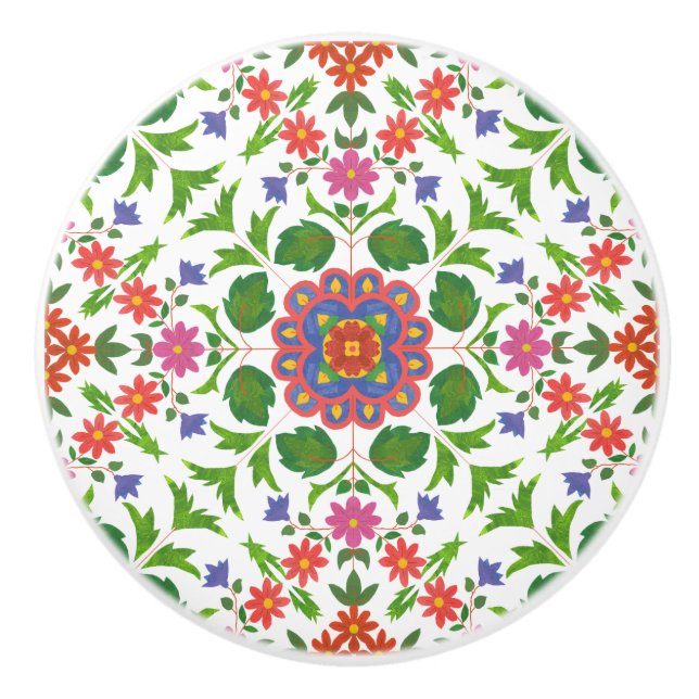 Patrón floral de Rangoli sobre el pomo de cerámica (Anverso)