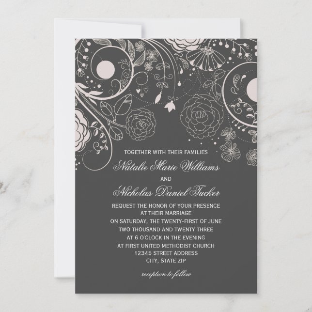 Patrón floral Gris/Blanco - Invitación a la boda (Anverso)