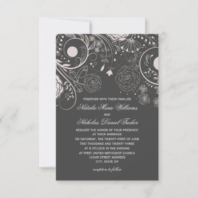 Patrón floral Gris/Blanco - Invitación de matrimon