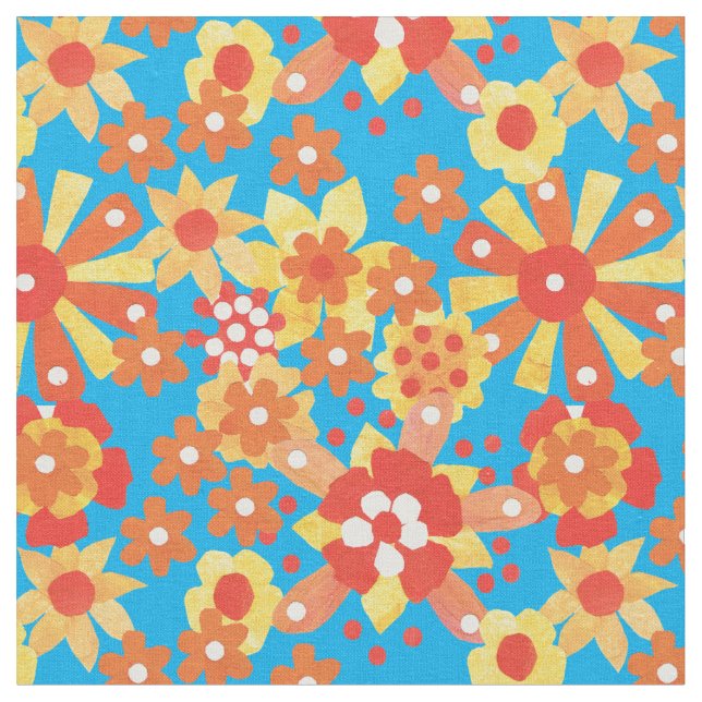Patrón floral Naranja Ditsy sobre tela turquesa (De cerca)