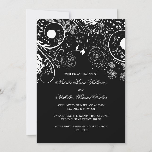 Patrón Floral Negro/Blanco - Anuncio de Boda (Anverso)