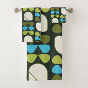 Patrón floral retro geo 1 en verde, azul, crema