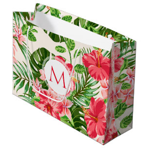 Patrón floral Rojo Hibiscus Monograma L Bolsa de r