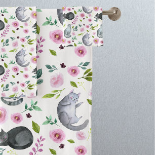 Patrón floral rosado de gato curado