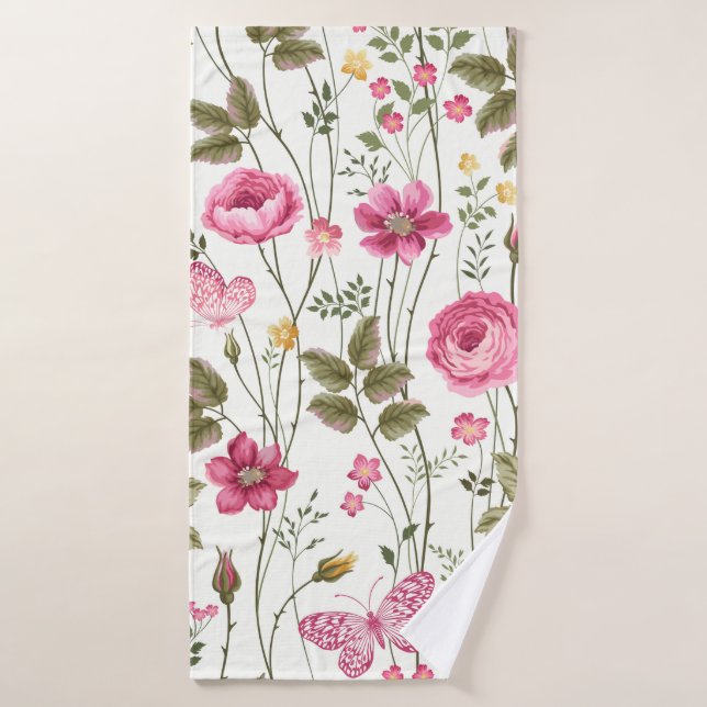 patrón floral sin fisuras con rosas y mariposa (Toalla de baño)