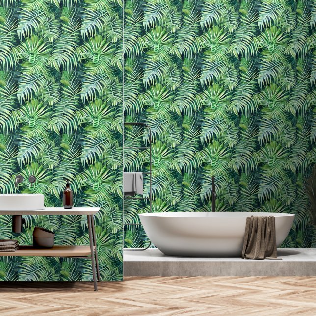 Patrón foliario de hoja de Monstera pared de selva (Baño)
