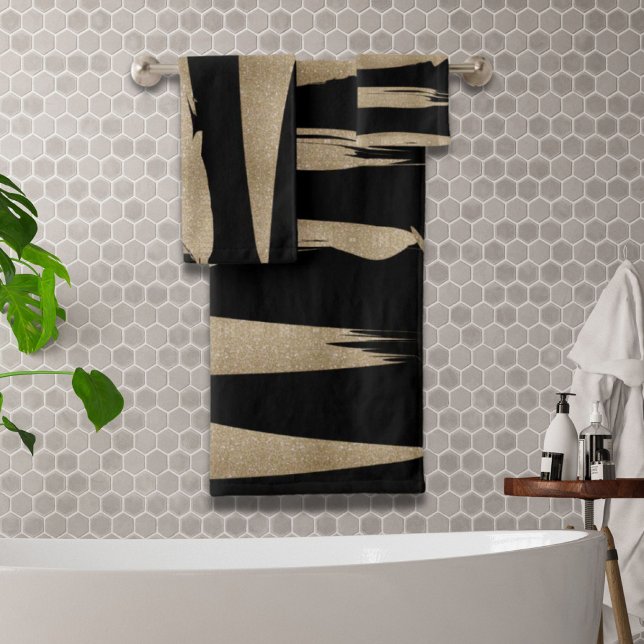 patrón geométrico preppy franjas de negro y oro (preppy geometric pattern black and gold stripes bath towel set)