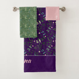 Patrón hoja verde nombre toalla de baño rosa púrpu