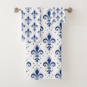 Patrón ininterrumpido de fleur-de-lis azul en blan