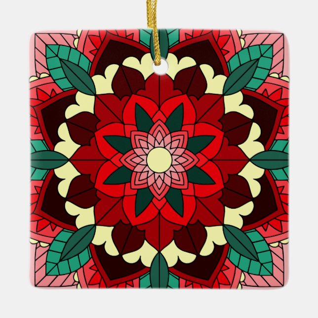 Patrón Mandala 02 en ornamento de cerámica rojo (Anverso)