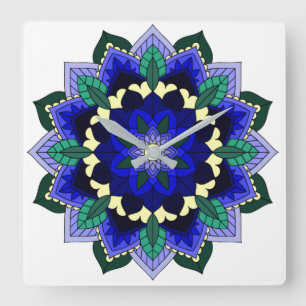 Patrón Mandala 02 en reloj de pared cuadrado azul 