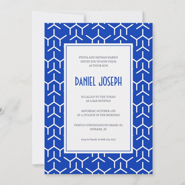 Patrón moderno azul judío Bar Mitzvah Invitación (Anverso)
