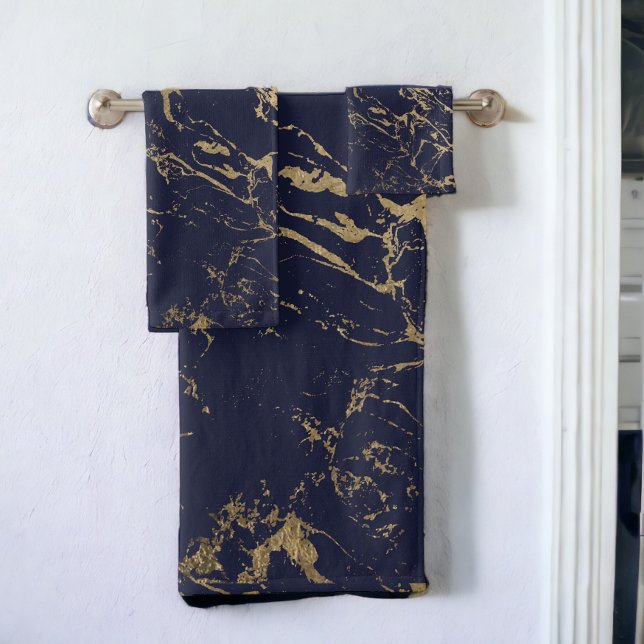 Patrón moderno elegante de mármol dorado azul mari (Modern elegant navy blue gold marble pattern bath towel set)